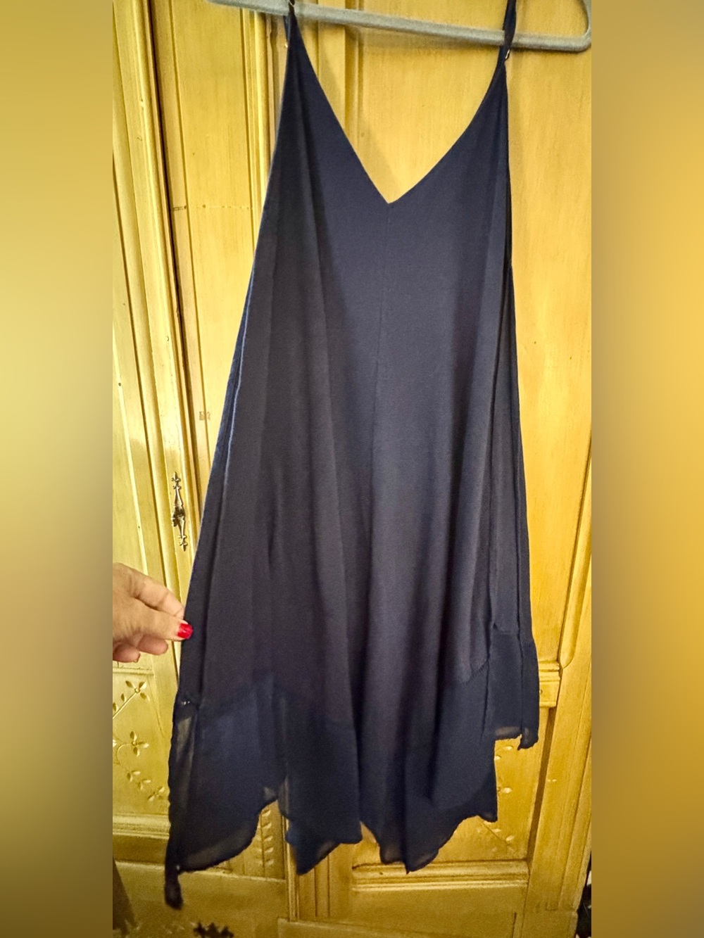 Tommy Bahama Navy Handkerchief Hem Swing V Neck Dress Size M Soft Stretch